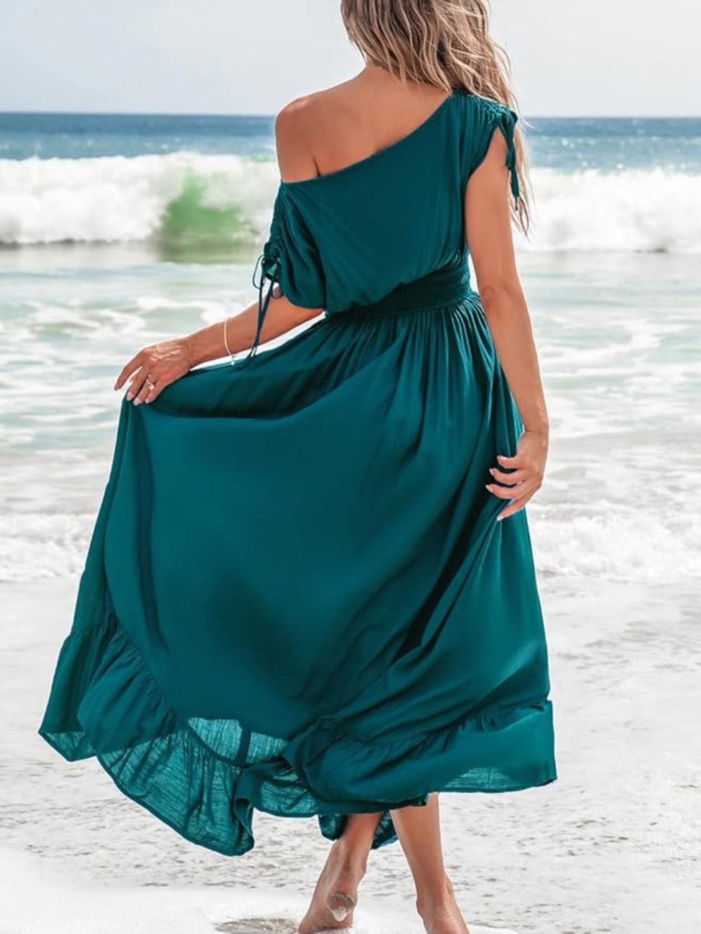 NWT Cupshe Women’s Teal One Shoulder Ruffled Maxi Dress Size Large - Picture 2 of 8